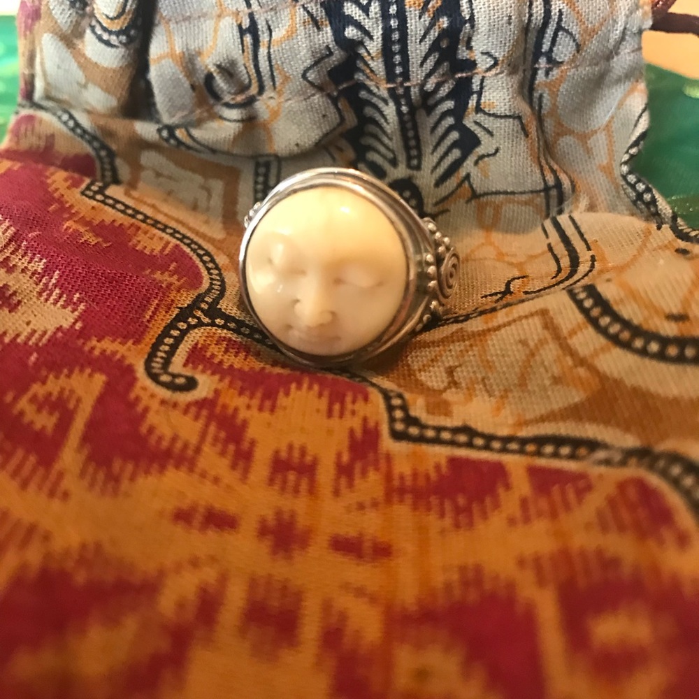 Sterling silver and bone Moon face ring size 8